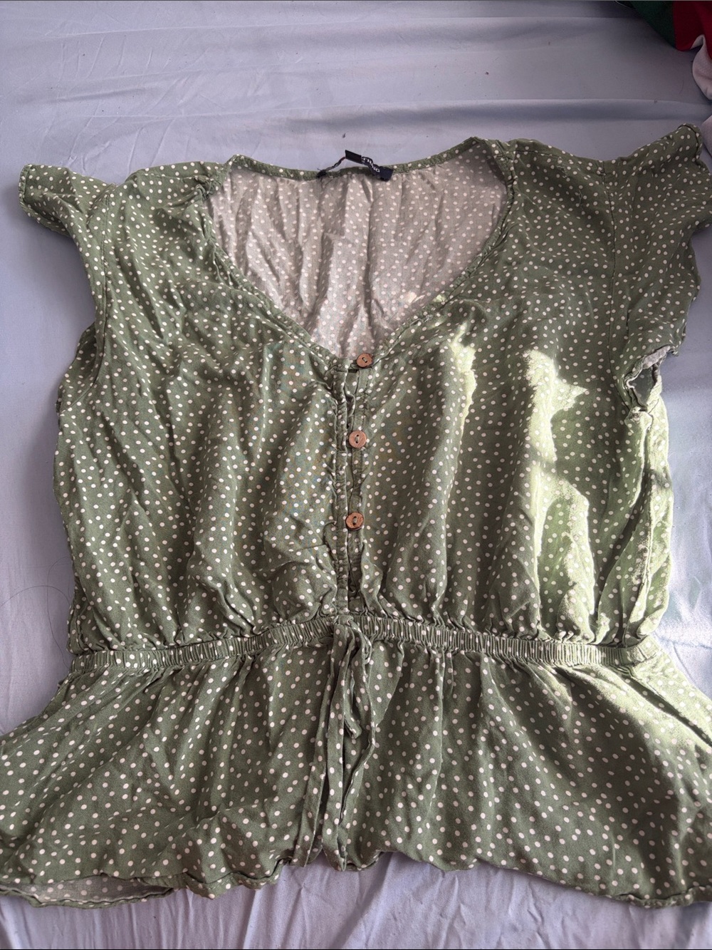 Target Olive Green Polka Dot Button-Front Drawstring Top